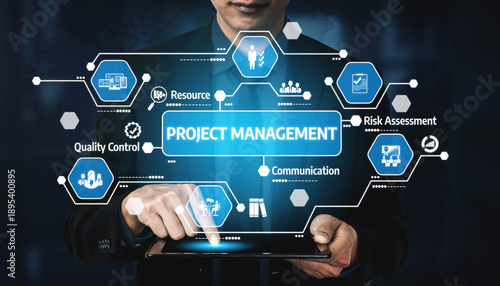 Bild auf Leinwand A business professional showcases a digital project management interface, emphasizing key elements like risk assessment, quality control, and resource allocation for success
