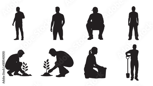 Silhouetted figures engaging in various gardening activities, tending to plants and landscapes from different viewpoints.