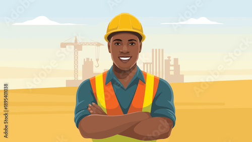 Confident African American construction worker with crossed arms and a wide smile on the job