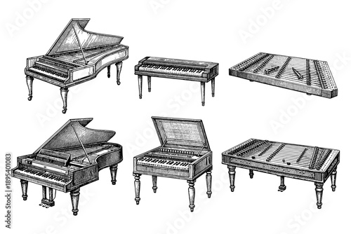 Collection of vintage keyboard instruments: grand piano, upright, and dulcimer sketches