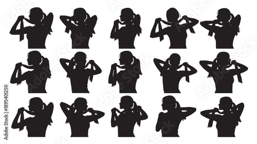 A collection of silhouetted figures assuming various poses on a plain white background from a front viewpoint