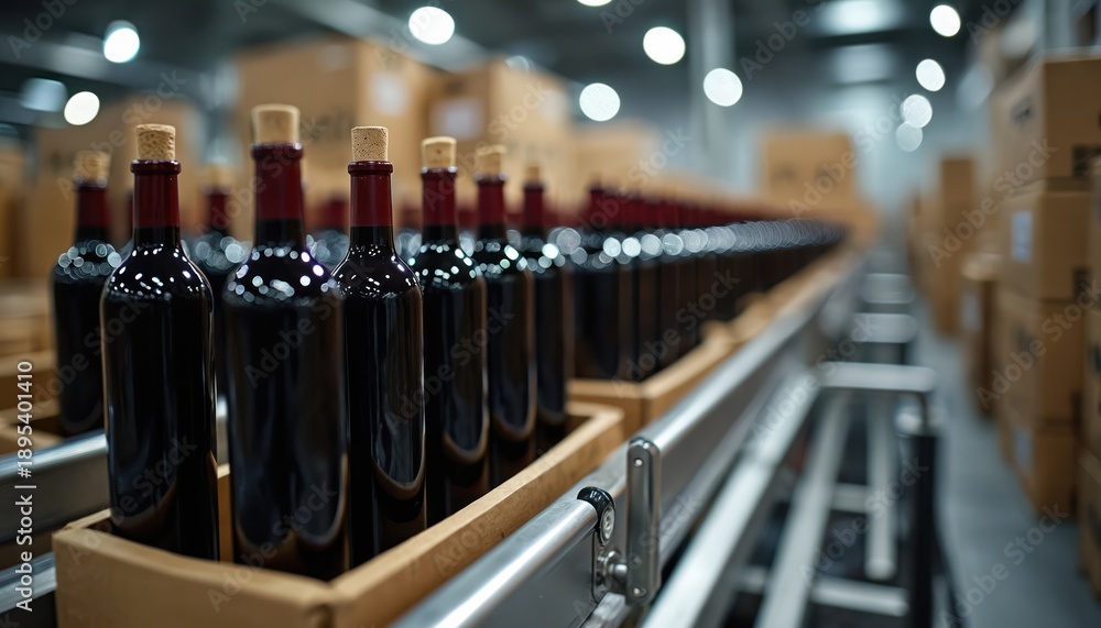 Fototapeta premium Red wine bottles move on automated conveyor belt in warehouse. Automated packaging line fills cardboard boxes with bottled alcoholic beverages. Factory interior with logistics and production.