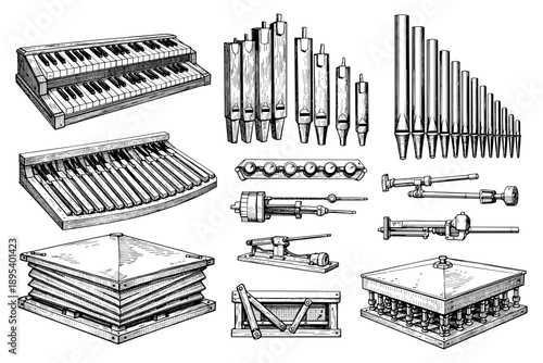 Detailed vintage pipe organ components and diagram set