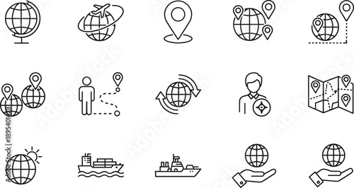 Global travel and logistics line icons set, navigation map location shipping transportation worldwide vector outline collection isolated on gray background