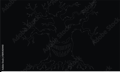 Outline of a spooky, gnarled Halloween tree with a monstrous face and sharp teeth, presented in white on a black background for a stark contrast