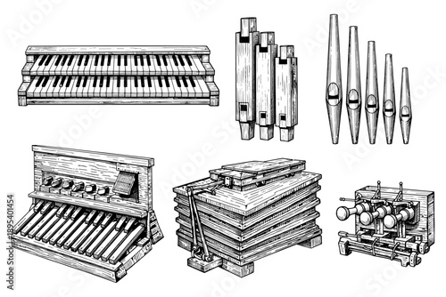 Collection of hand-drawn musical instruments: organ pipes, keyboards, air blowers