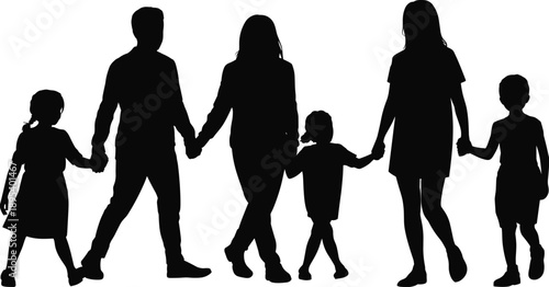 Silhouette of a family with two parents and four children walking hand in hand in a line against a white background symbolizing unity and togetherness