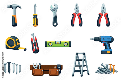 General Home Repair Tools in flat style: hammer, screwdriver, adjustable wrench, pliers, tape measure, utility knife, level tool, drill machine, screw set, nail. Vector icons