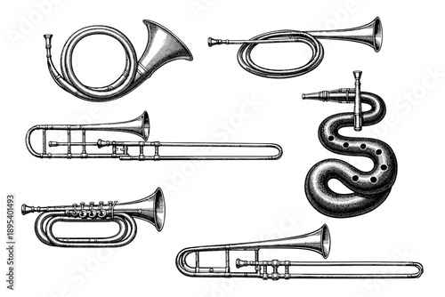 Vintage brass instruments collection featuring serpent and horns