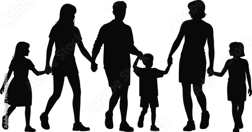 Silhouette of a diverse family with two parents and four children holding hands and walking together in a line against a white background