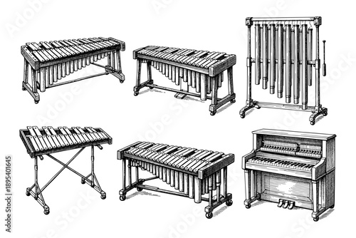 Variety of percussion instruments including marimba and tubular bells