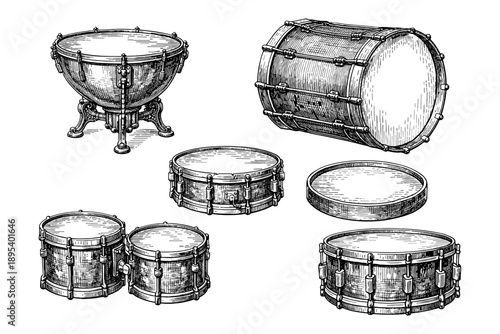 Vintage percussion instruments collection: snare, bass, timpani, and tom drums