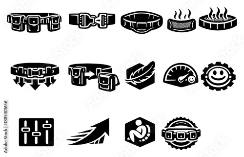 Ergonomic and Modular Tool Belts in bold style: modular pouch system, quick release buckle, padded back support, breathable mesh panel, load distribution arrows. Vector icons