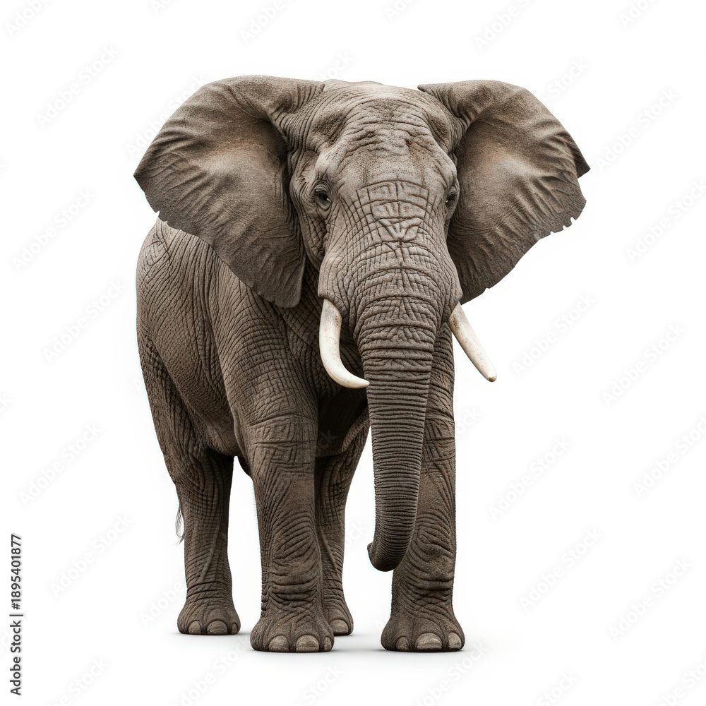 Obraz premium Large african elephant standing front view isolated on pure white background