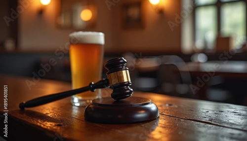 Judge gavel and beer glass on bar table. Symbolic concept for legal issues related to alcohol consumption and social responsibility in nightlife.