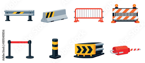 Physical safety barriers in flat style: guardrail, concrete divider, crowd control barrier, construction fence, retractable belt post, bollard post, crash. Vector icons
