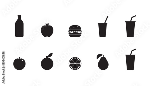 Black food and drink icon set with fruits, beverages, and fast food items for menu, app, nutrition, and culinary design