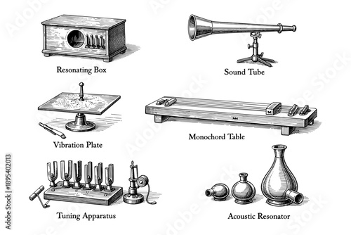 Vintage acoustic instruments illustration: resonating box, sound tube, vibration plate