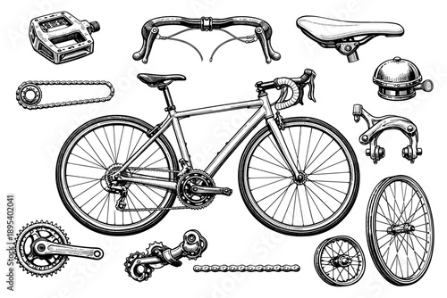 Detailed bicycle components illustration with handlebars, saddle, gears, and wheel