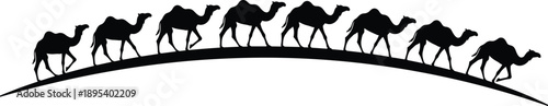 Camel caravan silhouette walking across desert dunes, traditional travel scene showing wildlife, migration, endurance, and iconic Middle Eastern desert journey concept