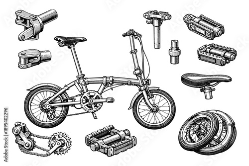 Vintage bicycle parts illustration with folding bike components and accessories