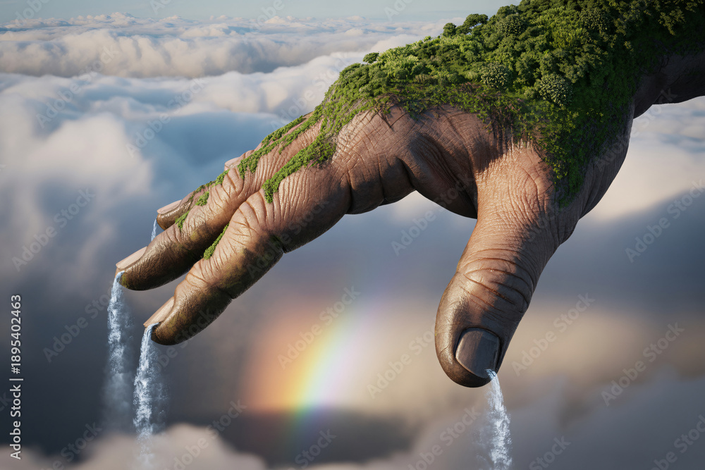 Obraz premium Nature's nurturing hand with lush greenery above clouds and rainbow