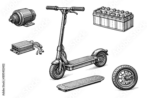 Electric scooter components illustration with battery motor and wheel parts
