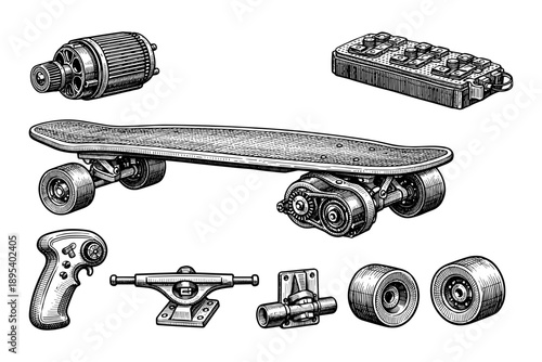 Vintage electric skateboard components: motor, battery, remote, wheels, trucks