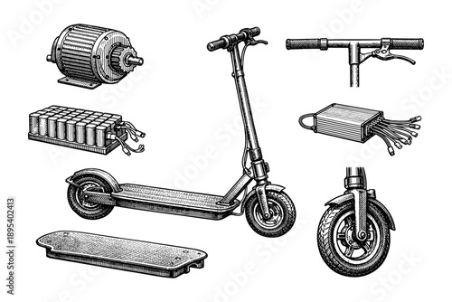 Electric scooter components: battery, motor, handlebar, deck, wheel