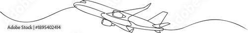 Single Line Drawing of a Flying Airplane Minimalist Travel Concept