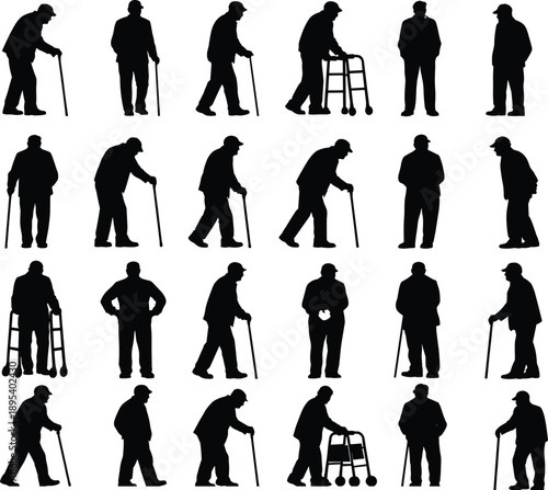 Elderly man walking silhouette icon set showing aging, mobility support, senior lifestyle, cane and walker usage in black vector design