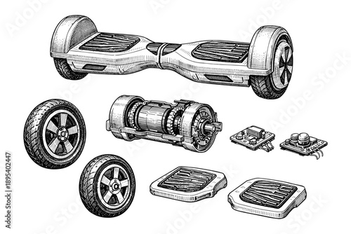 Detailed hoverboard components and parts