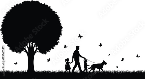 Father walking with children and dog in park silhouette scene featuring family bonding, nature, tree and butterflies in peaceful outdoor setting