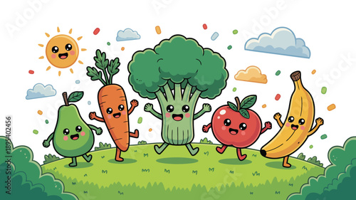 Cute cartoon fruits and vegetables joyfully jumping on a green hill under a happy sun