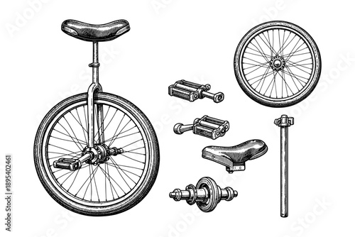 Vintage unicycle diagram with parts including wheel, pedals, seat, and axle in detailed sketch style