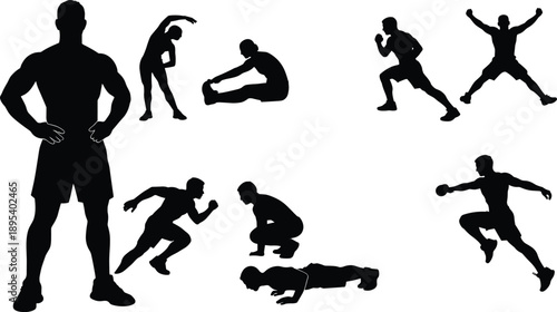 Fitness training silhouettes of athletes exercising, stretching, running, boxing and strength workouts, healthy active lifestyle, black vector illustration set