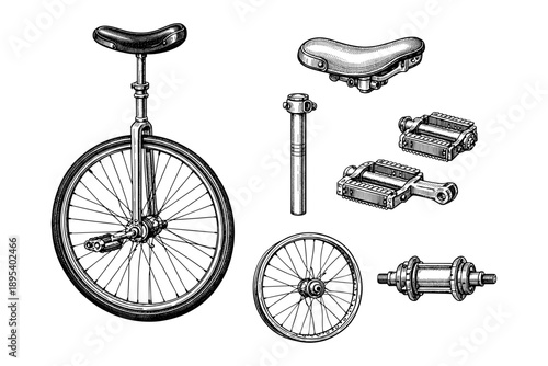 Vintage unicycle illustration with detailed parts sketch