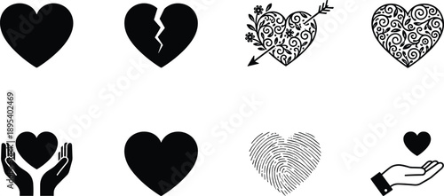 Heart icon collection set, love romance valentine symbol broken floral fingerprint care hand silhouette vector isolated background