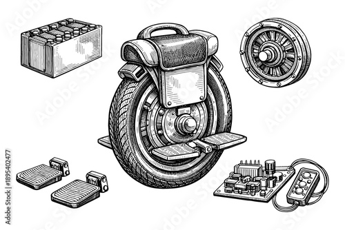 Vintage unicycle components and mechanical parts in detailed illustration