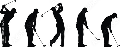 Golf player silhouette sequence showing swing stages, putting and full shot motion, professional sport activity, black vector illustration set