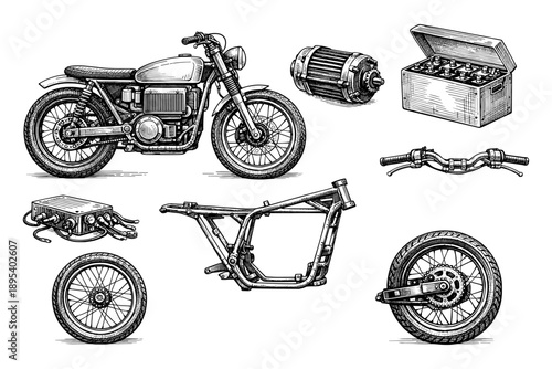 Vintage motorcycle parts and engine components illustration