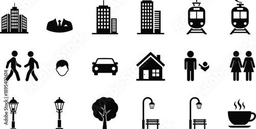 Modern urban life icon set featuring city buildings, transportation, family, people, parks, street elements in minimal black and white vector style