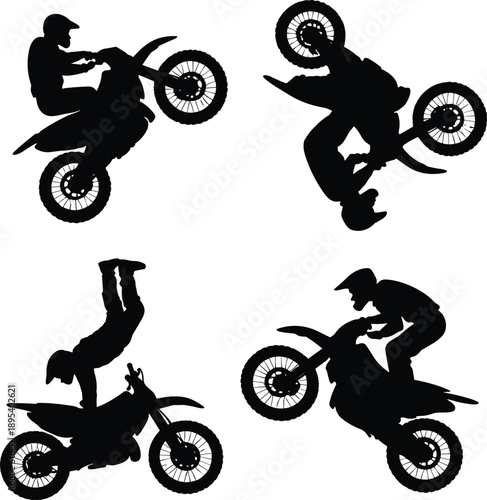 Motocross freestyle stunt rider silhouettes performing extreme motorcycle tricks, jumps, flips, and wheelies in dynamic action sports black vector style