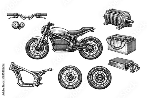 Detailed vintage motorcycle and components illustration featuring engine parts and layout