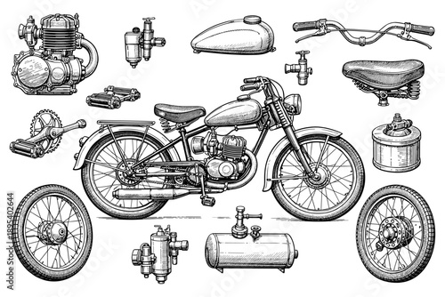 Vintage motorcycle and components illustration with detailed parts