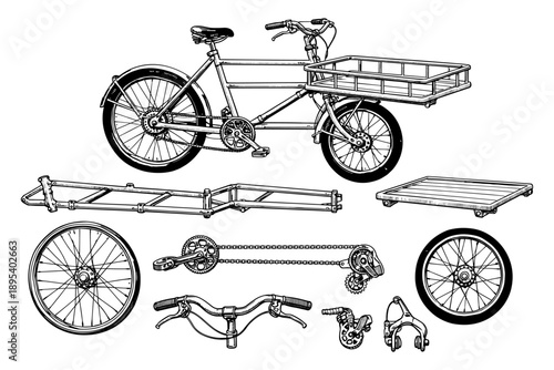 Detailed components of a cargo bike: frame, wheels, gears, and handlebars