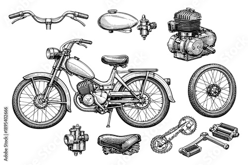 Detailed vintage motorcycle parts illustration with engine and components