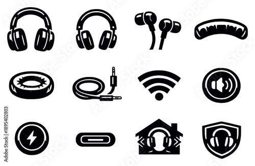 Headphones Essentials in bold style: over ear headphones, on ear headphones, in ear earbuds, headband cushion, ear cup padding, audio cable, wireless signal. Vector icons