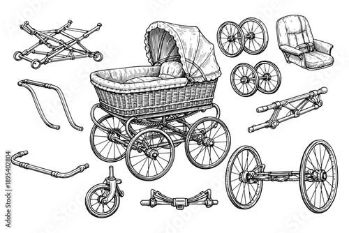 Vintage baby carriage components: detailed parts and assembly illustration