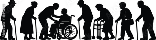 Silhouette illustration of elderly people walking with canes and wheelchair, showing aging, mobility support, caregiving, disability, and senior healthcare concept